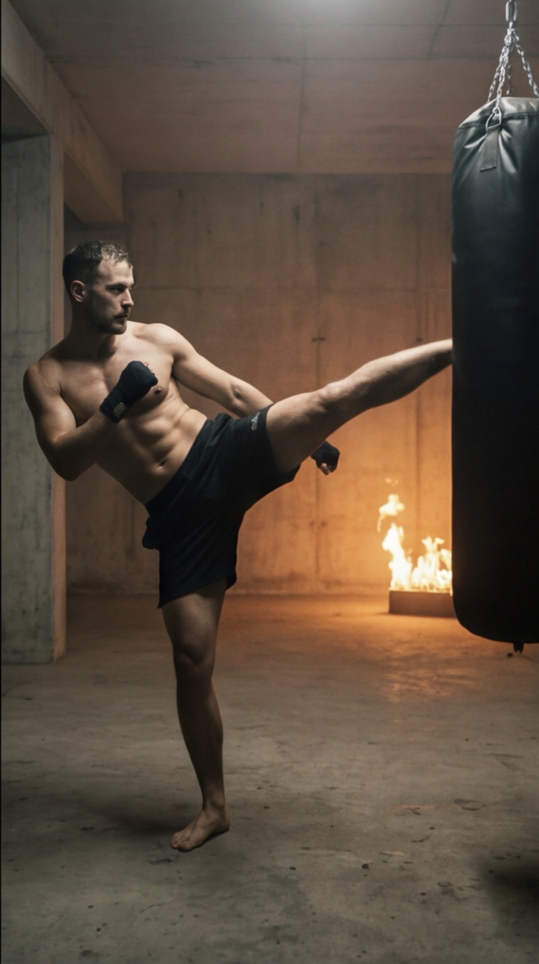 Kickboxer trainiert vor brennendem Feuer